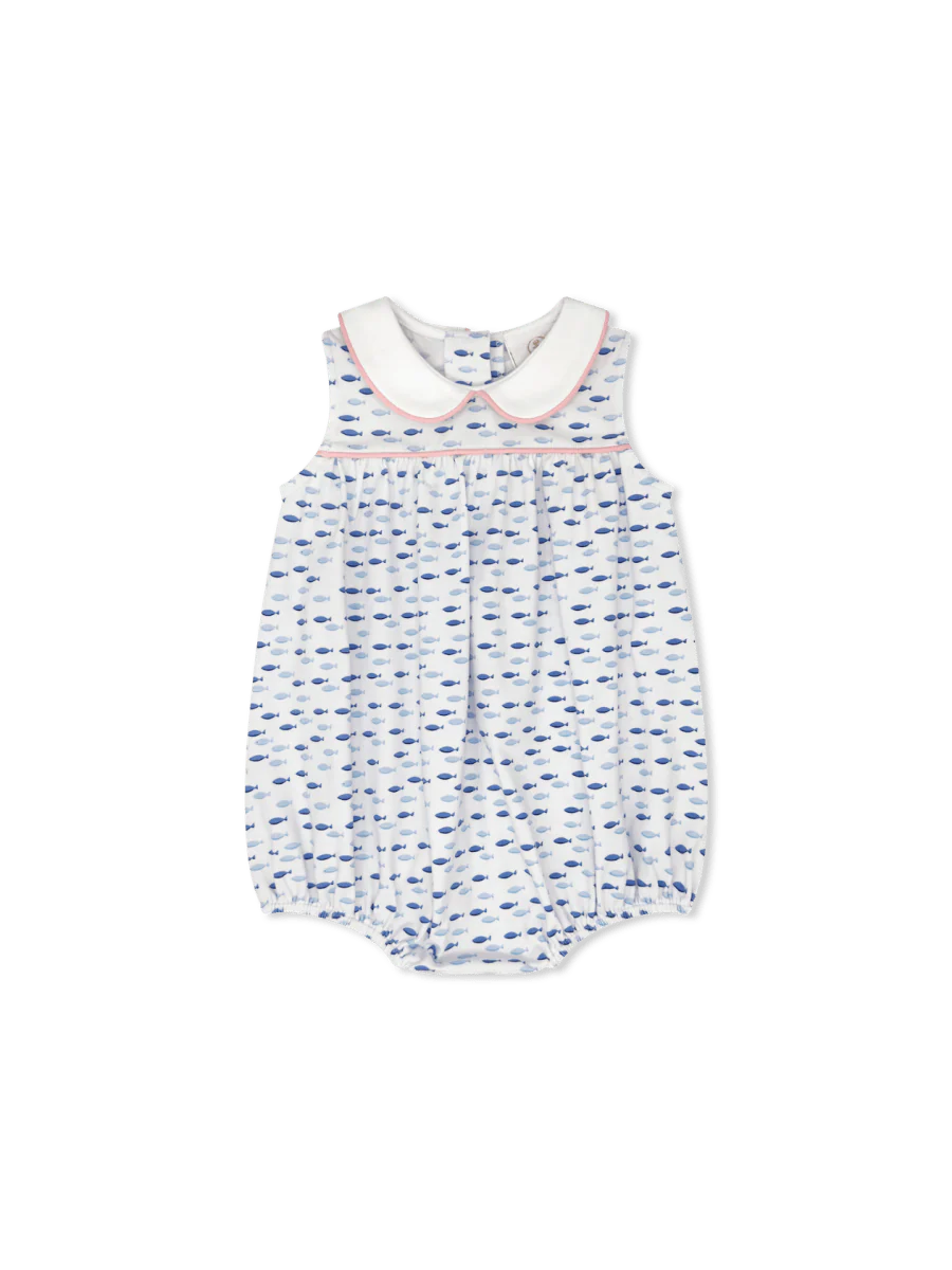 Baby bubble with blue fish patter with white collar and pink trim