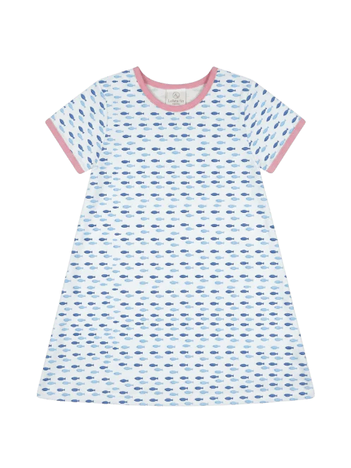 White dress with blue fish dress with pink trim 