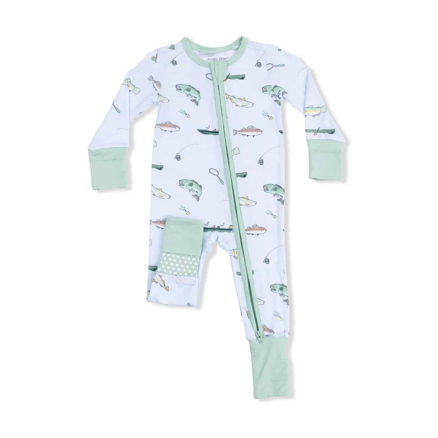 Bamboo convertible romper with fish pattern in light green/blue