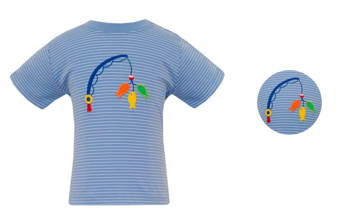 Blue striped t-shirt with colorful fish design 