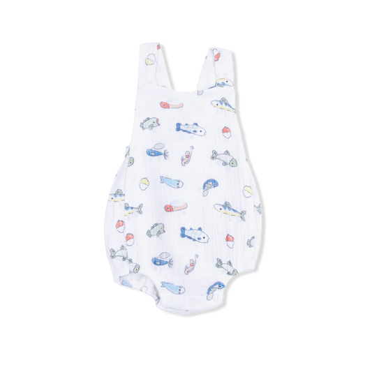 Sunsuit with fishing lures pattern.