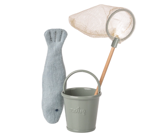 Children's toy set with gray fish, bucket, and net for maileg mouse