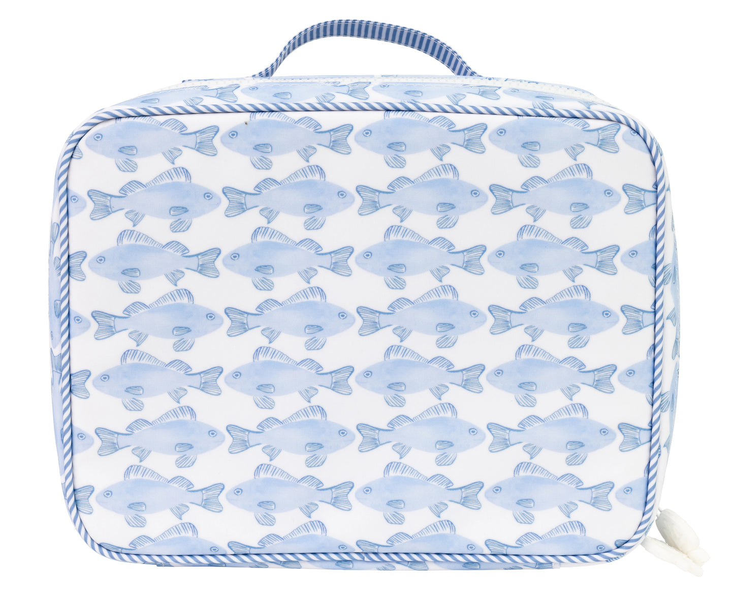 Rectangular blue fish-patterned lunchboc with a handle on a white background