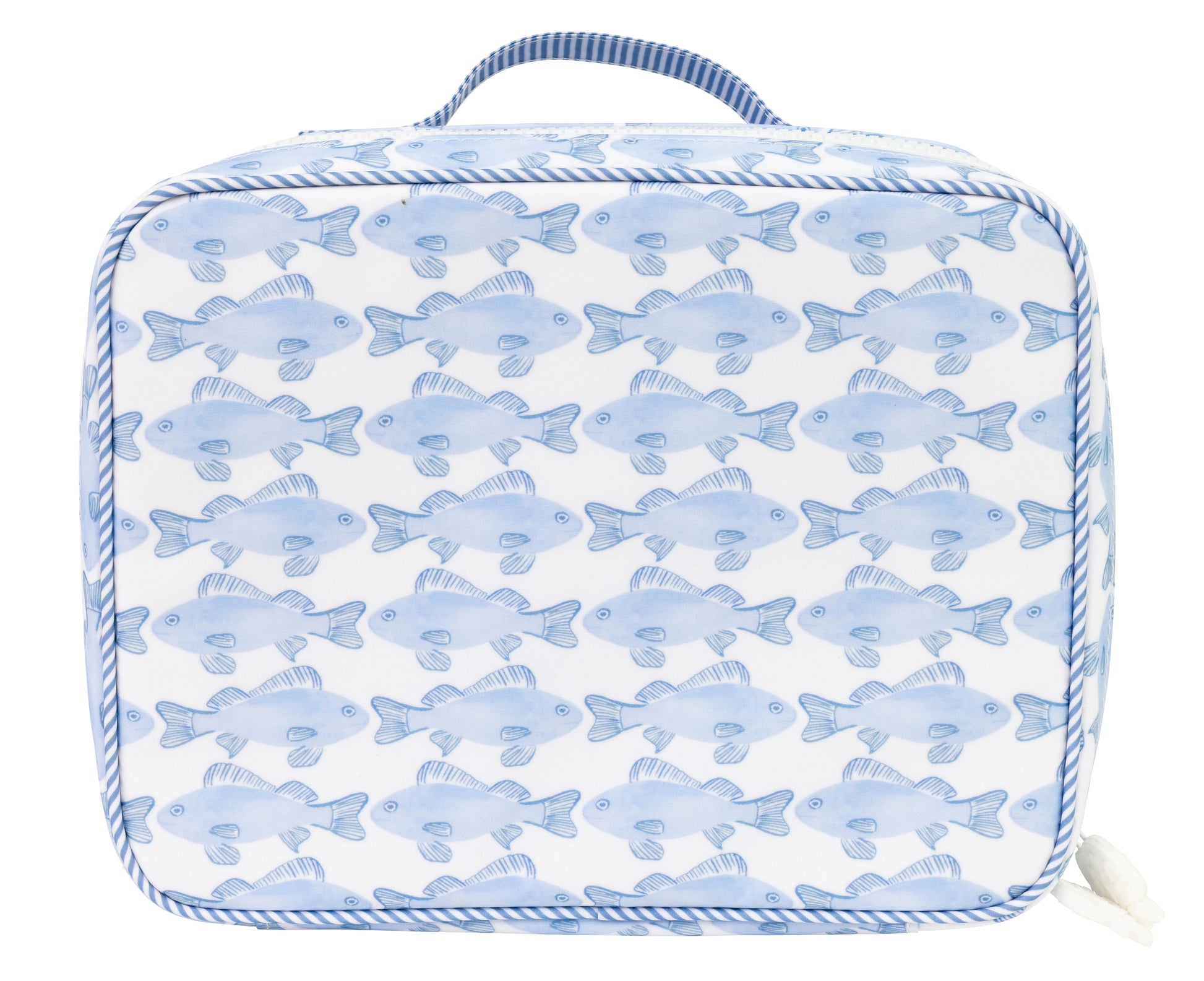 Rectangular blue fish-patterned lunchboc with a handle on a white background