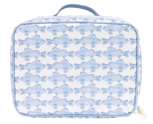 Rectangular blue fish-patterned lunchboc with a handle on a white background