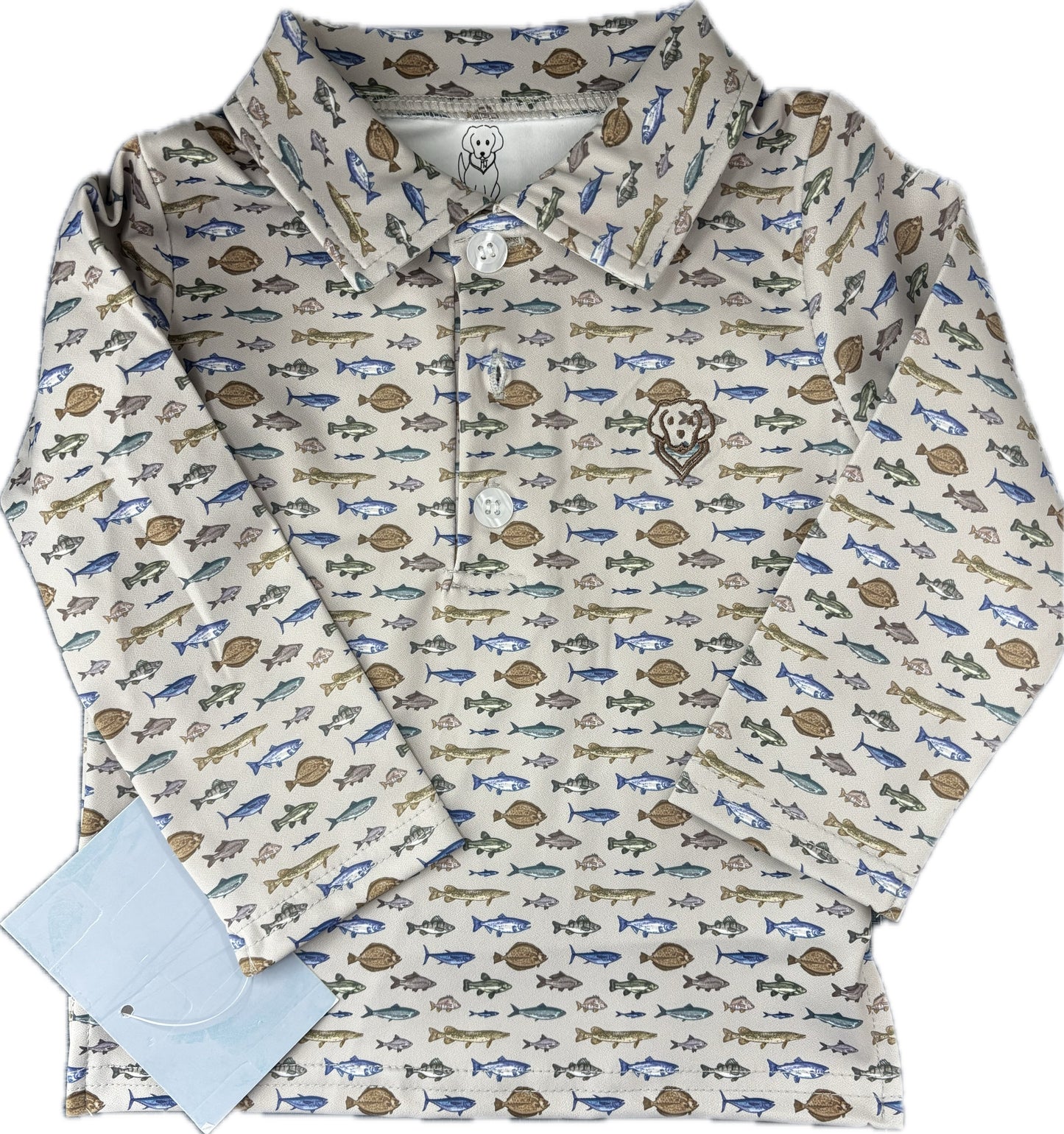 Tan long sleeve polo shirt with a fish pattern.