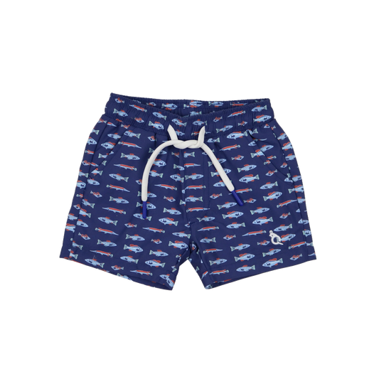 Navy swim shorts with fish pattern 