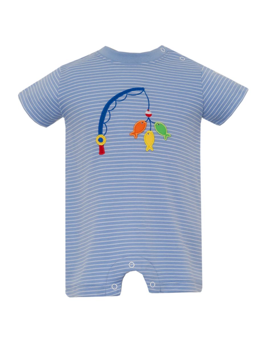 Blue striped baby romper with fishing rod and fish design 