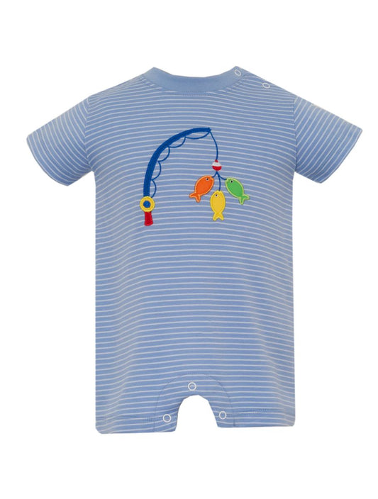 Blue striped baby romper with fishing rod and fish design 