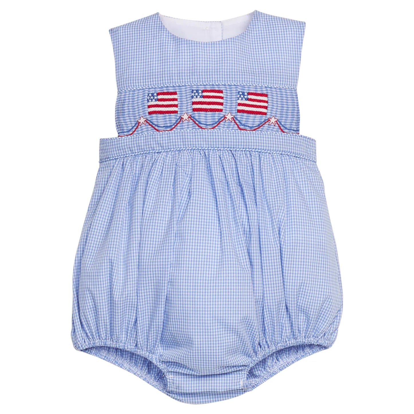 Blue checkered smocked baby romper with American flag design 