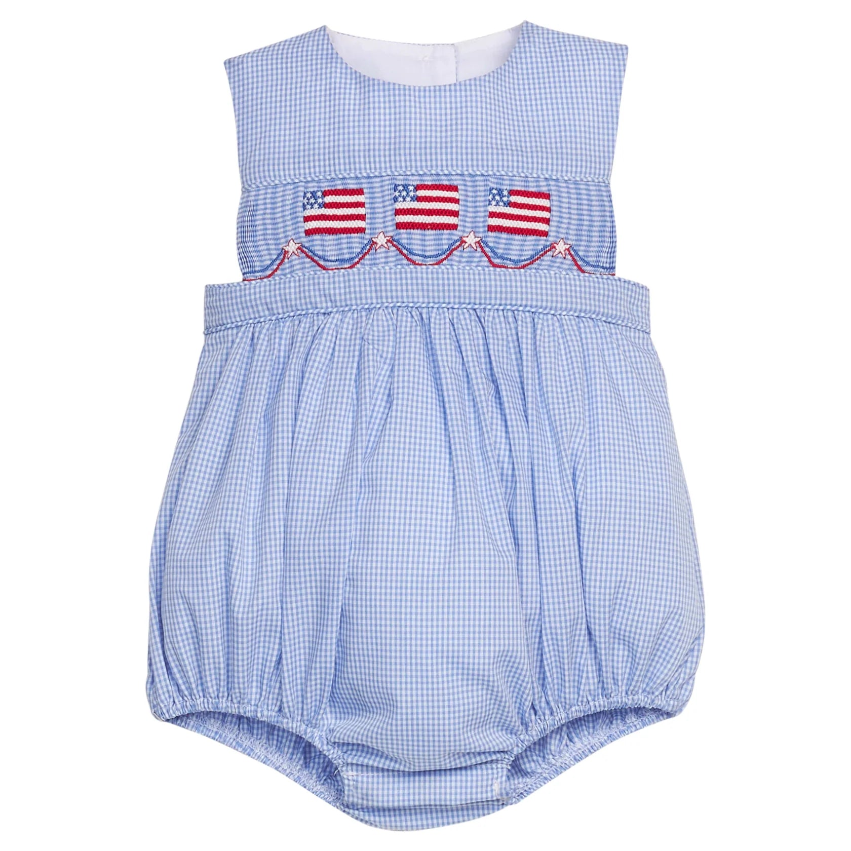 Blue checkered smocked baby romper with American flag design 