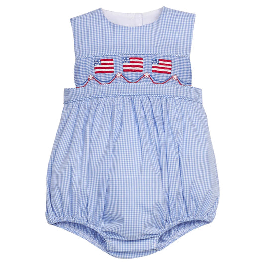 Blue checkered smocked baby romper with American flag design 