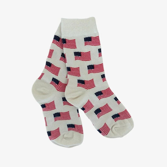 tan socks with a USA flag print.