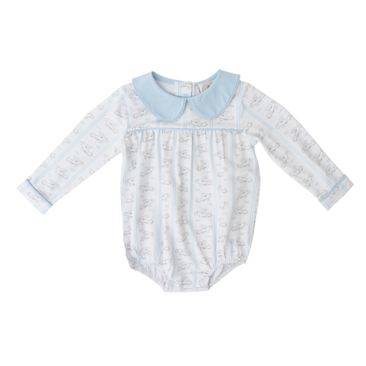 A baby long-sleeve romper with a light blue Peter Pan collar, featuring a white body with a light blue stripe and a delicate gray bunny print, shown on a plain white background.