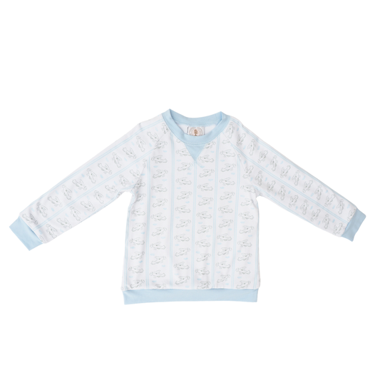 A light blue and white long-sleeve baby sweater with a repeating pattern of cartoon animals, laid flat on a white background.