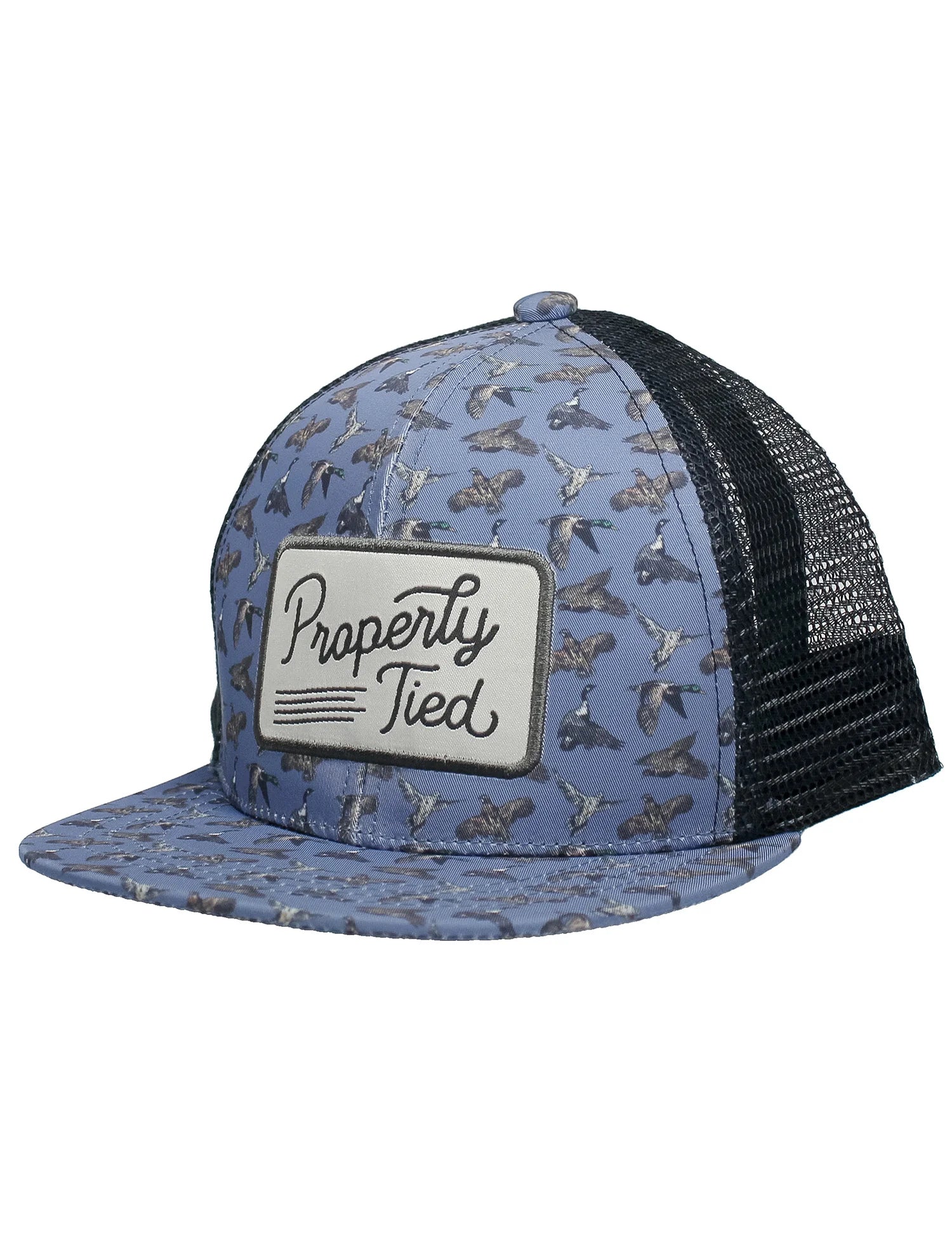 Blue hat with a flock of birds pattern and a Properly Tied patch.
