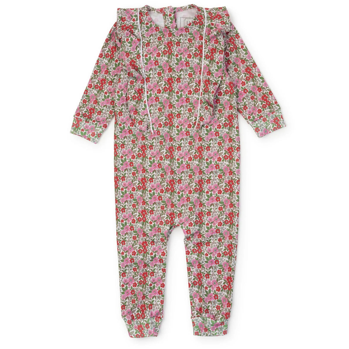 A baby  one-piece jumpsuit with a dense pink, red, and green floral print 
