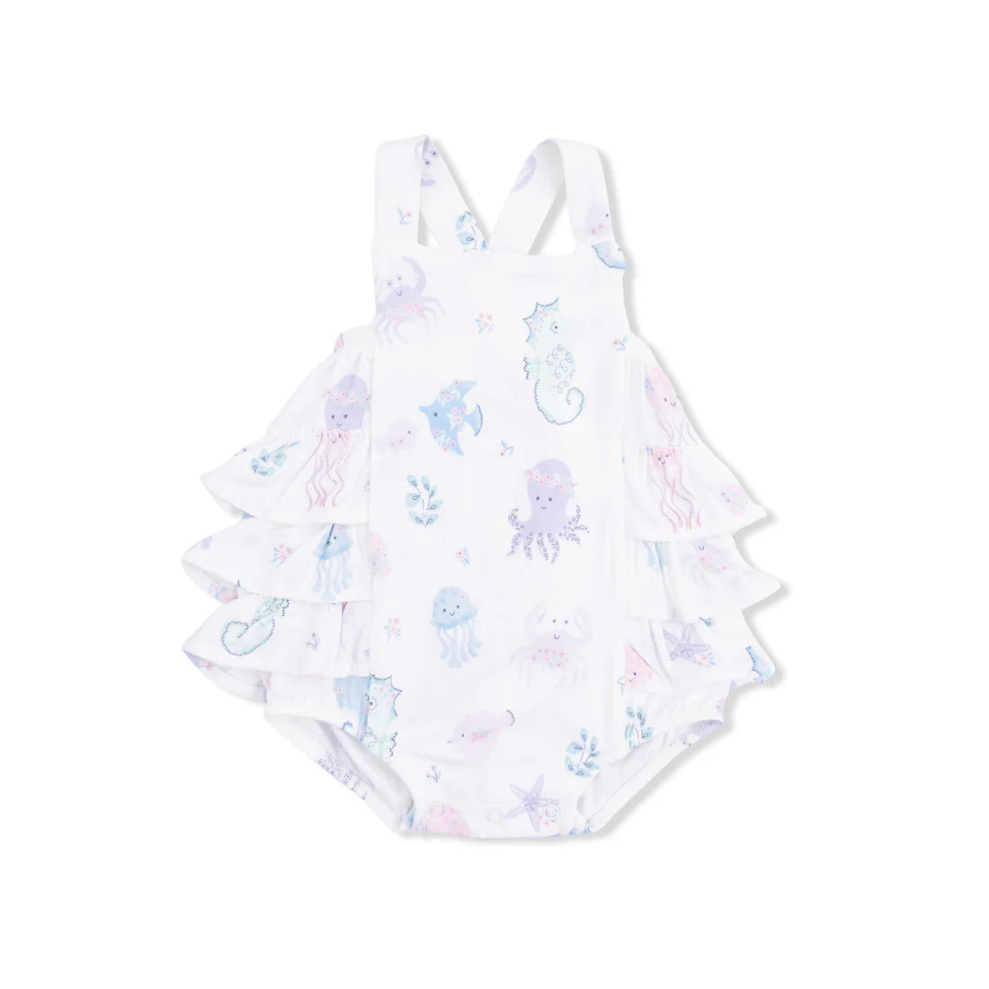 Ruffled sunsuit with a floral sea creature pattern.