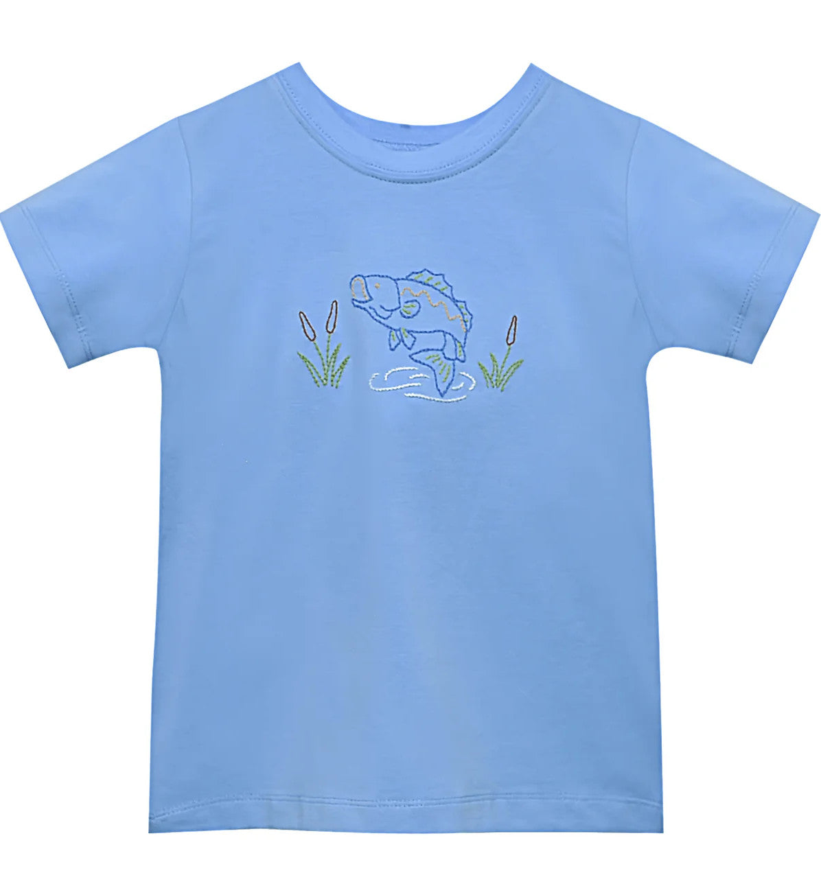 Light blue short sleeve tshirt with embroidered bass design.