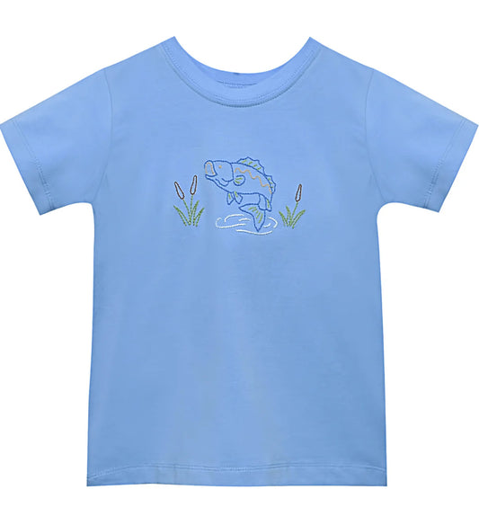 Light blue short sleeve tshirt with embroidered bass design.