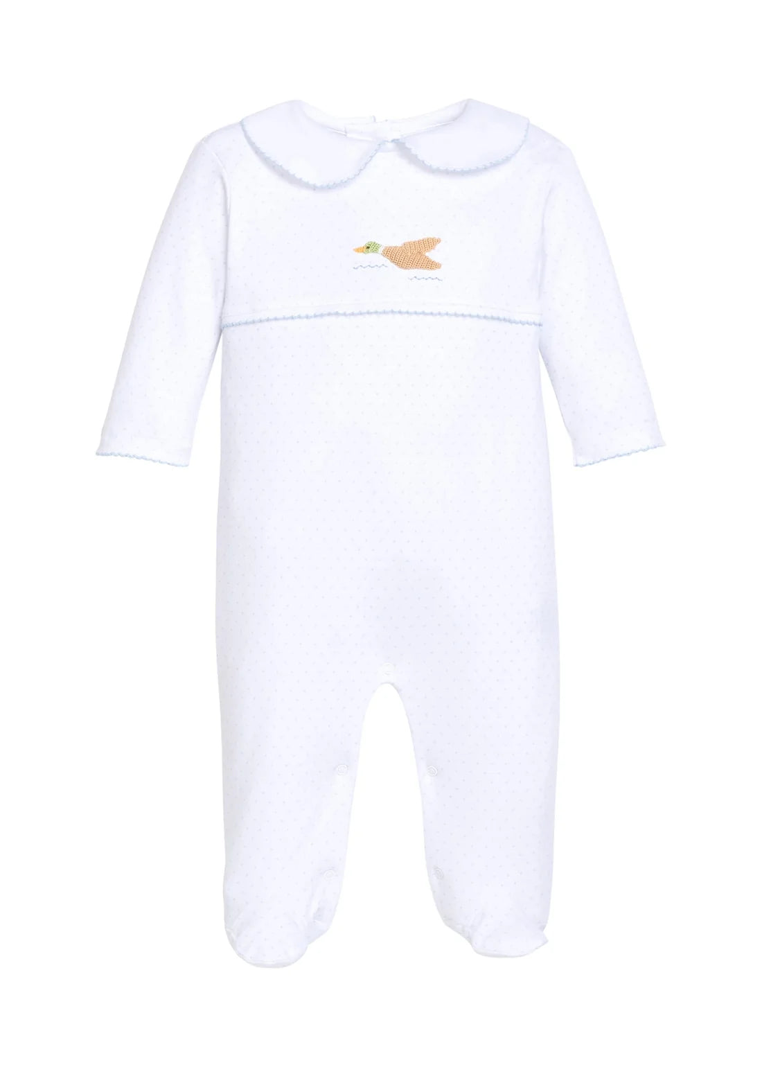 A white long-sleeve baby footed one-piece with a Peter Pan collar, featuring a small embroidered bird motif on the chest.