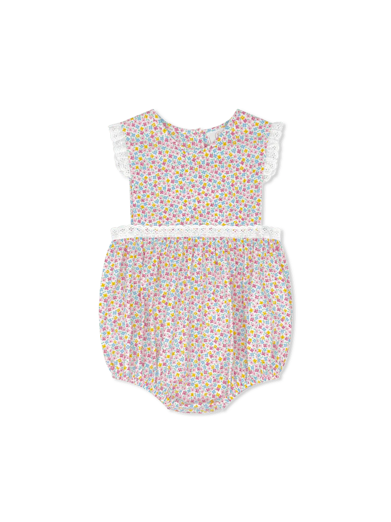 Baby bubble with floral pink pattern with eyelet trim 