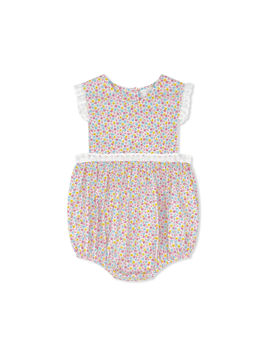 Baby bubble with floral pink pattern with eyelet trim 