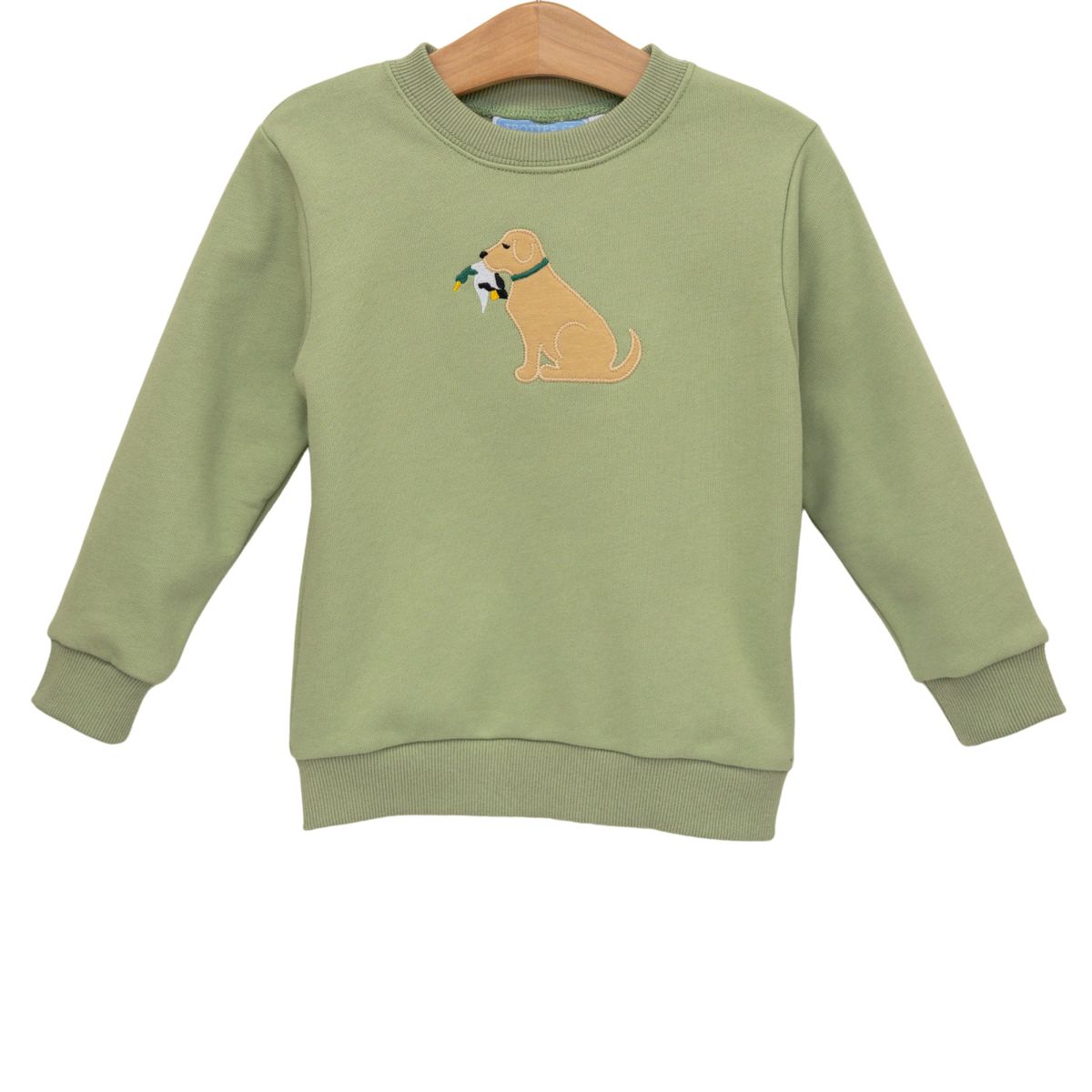 Green sweatshirt with a dog graphic on a hanger 