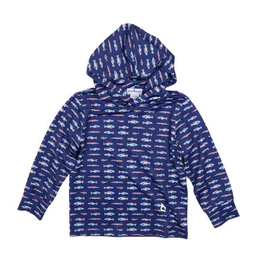 Navy Blue hoodie with fish pattern with performance material 
