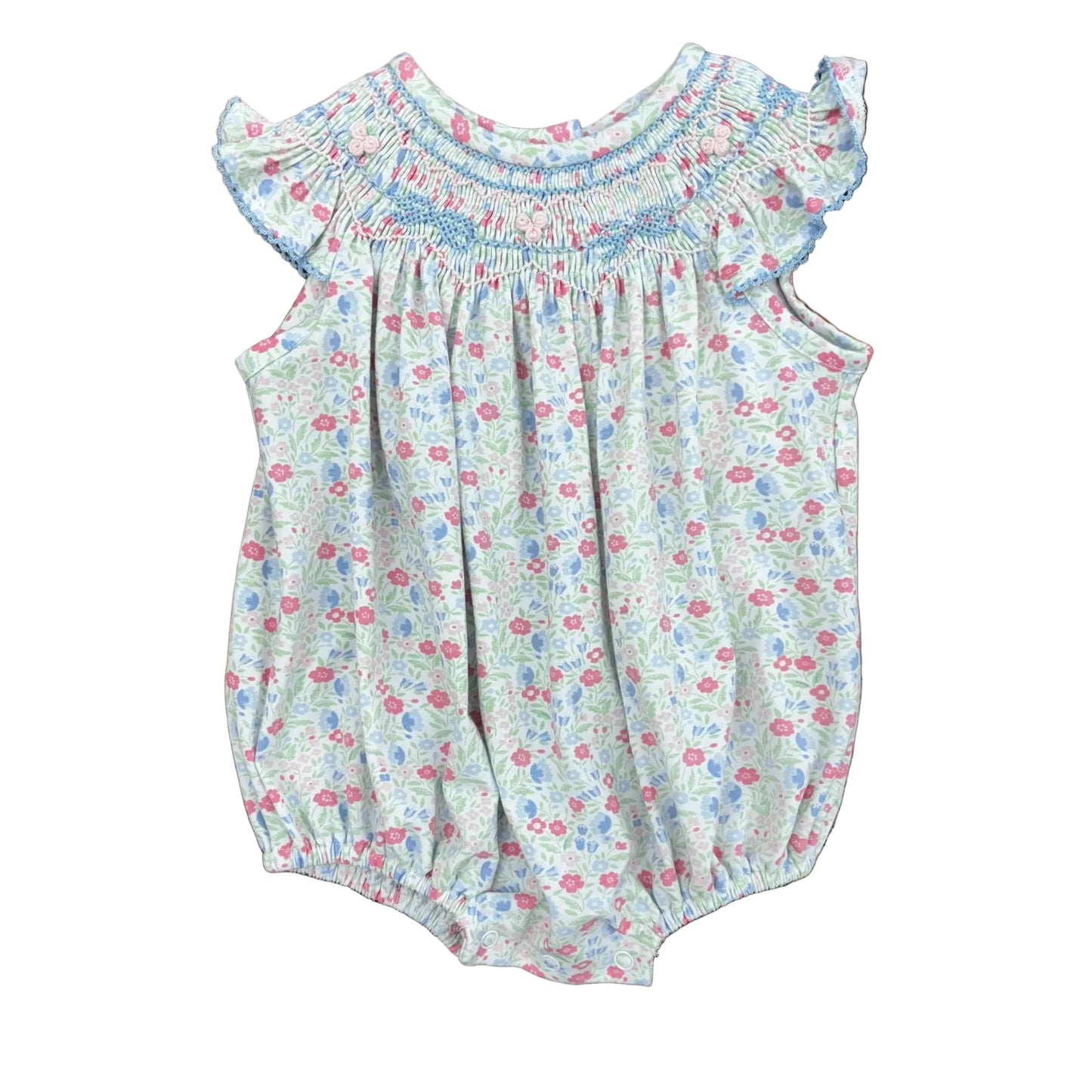 Smocked floral bubble with bow and rosette design and ruffle sleeves.