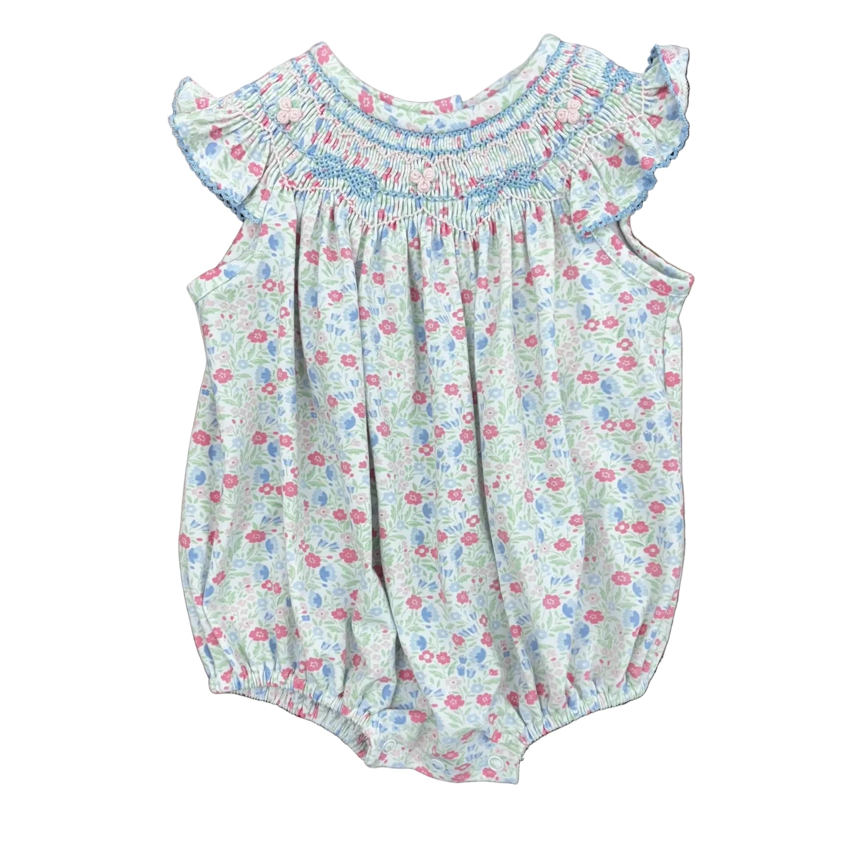 Smocked floral bubble with bow and rosette design and ruffle sleeves.