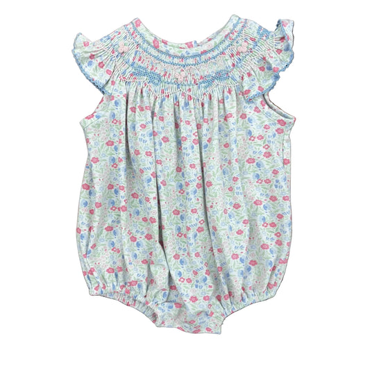 Smocked floral bubble with bow and rosette design and ruffle sleeves.