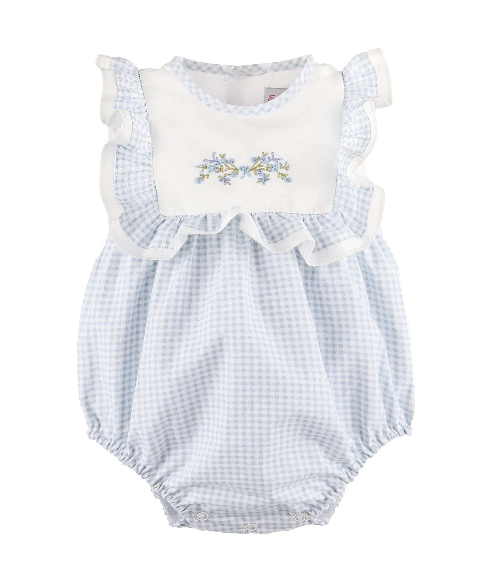 Baby romper with blue check pattern and floral embroidery on a white background