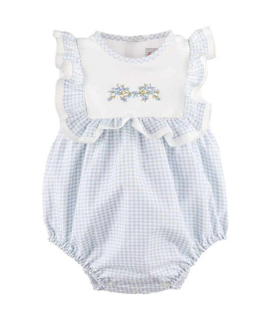 Baby romper with blue check pattern and floral embroidery on a white background