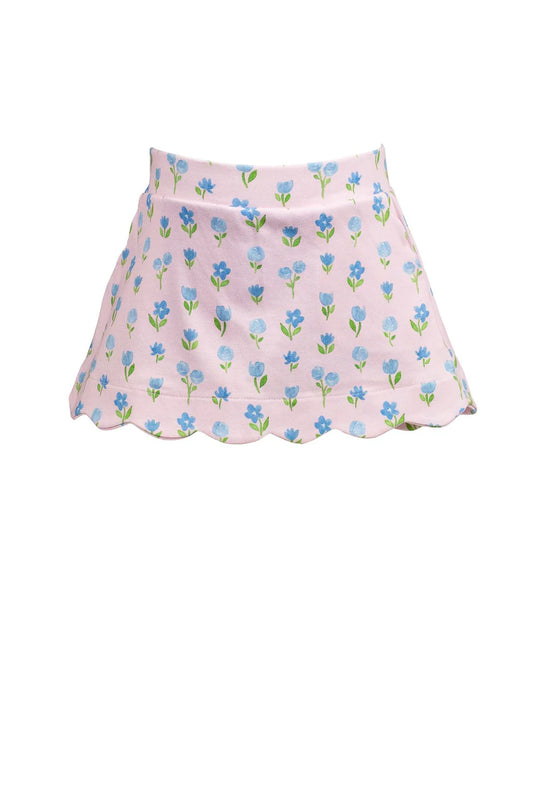 Gardenia patterned skort with elastic waist and hidden shorts.