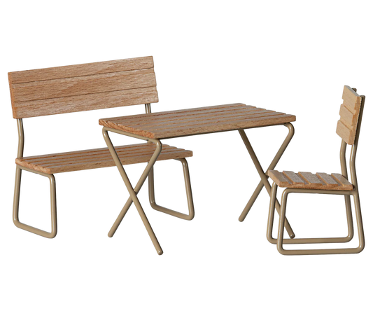 Wooden outdoor furniture set with table and bench for maileg mouse