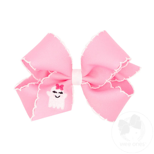 Medium Grosgrain Hair Bow with Moonstitch Edge and Pink Ghost Embroidery