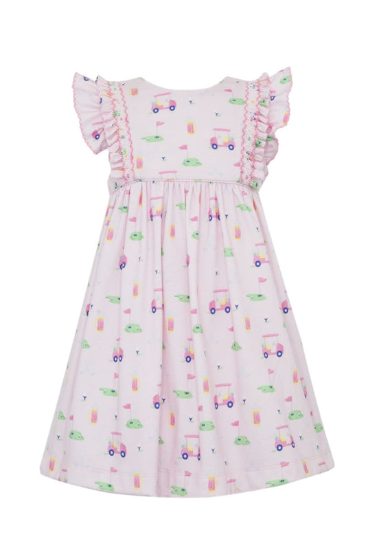 Pink Golf Print Dress with Smocked Ruffles