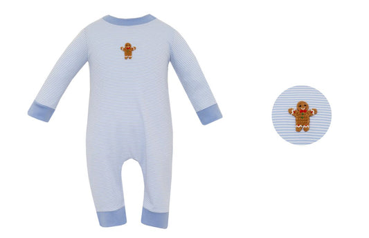 GINGERBREAD BOY´S - Lt.Blue stripe knit boy´s long romper