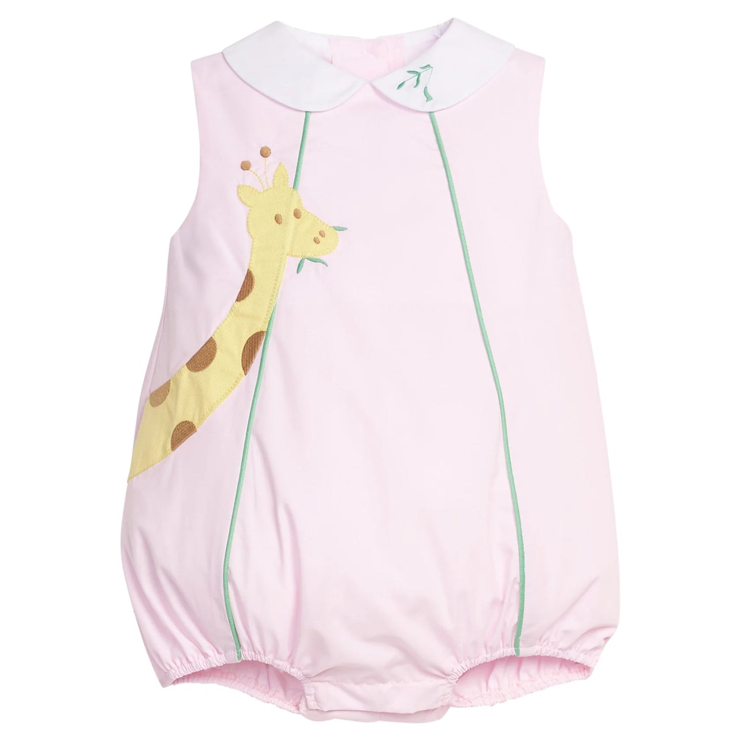 Pink baby romper with a giraffe design on a white background