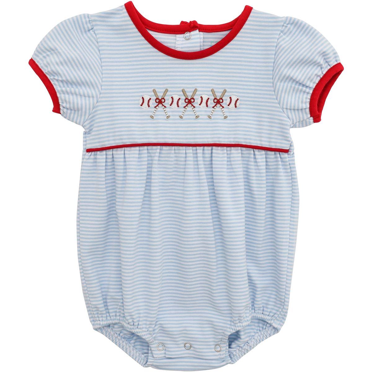 Baby romper with blue and white stripes and baseball accents 