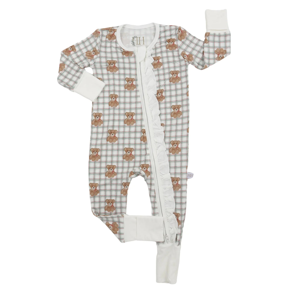 A baby long-sleeve footed sleeper with a brown and white plaid pattern, featuring a repeating owl print and white ruffle trim down the front zipper.