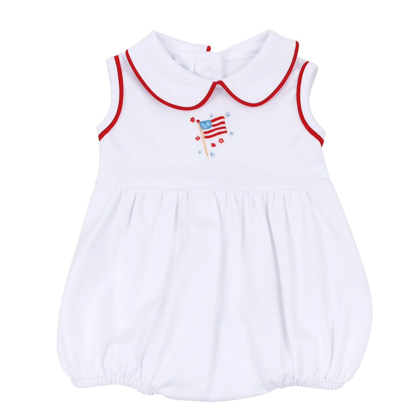 White baby romper with red trim and American flag design on a white background