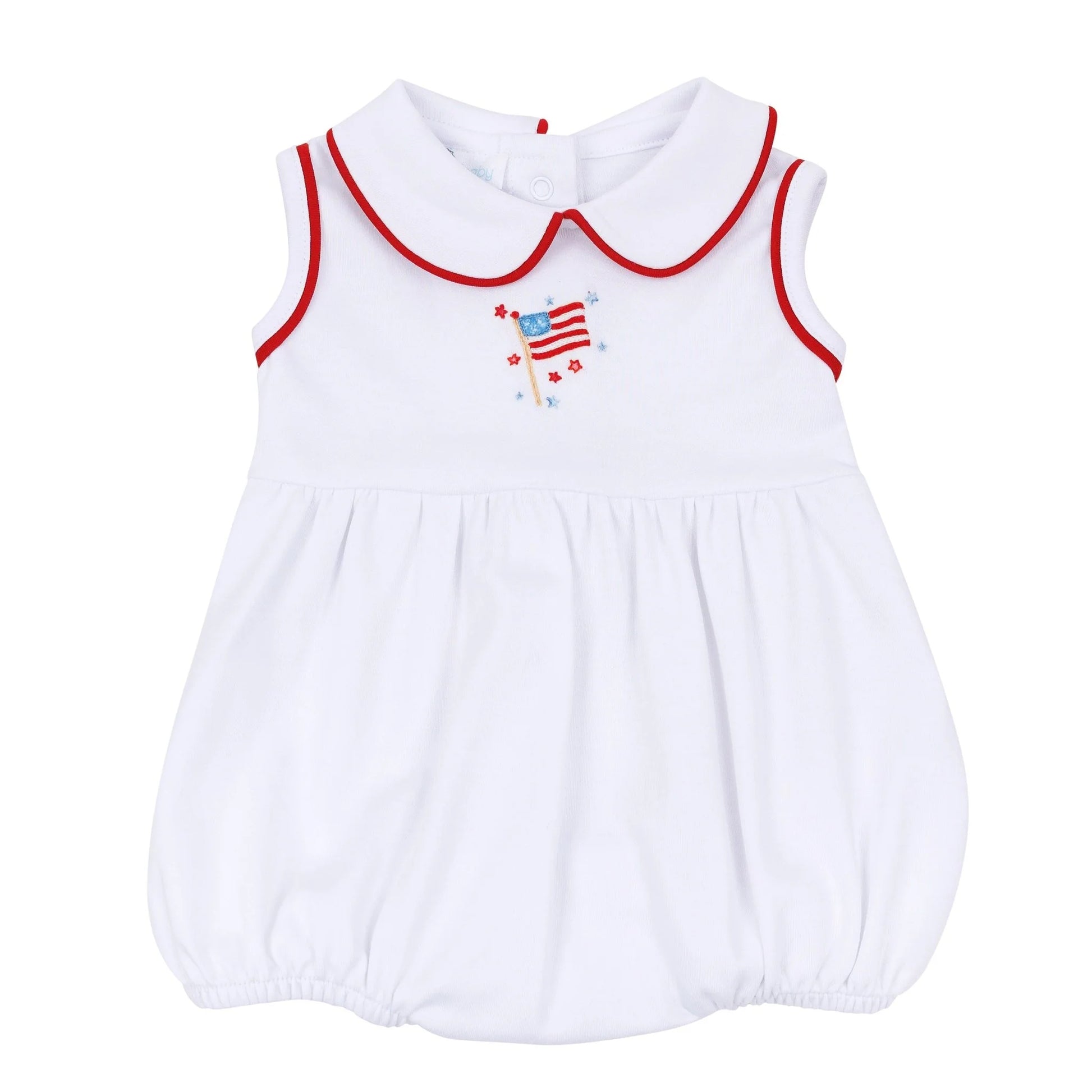 White baby romper with red trim and American flag design on a white background