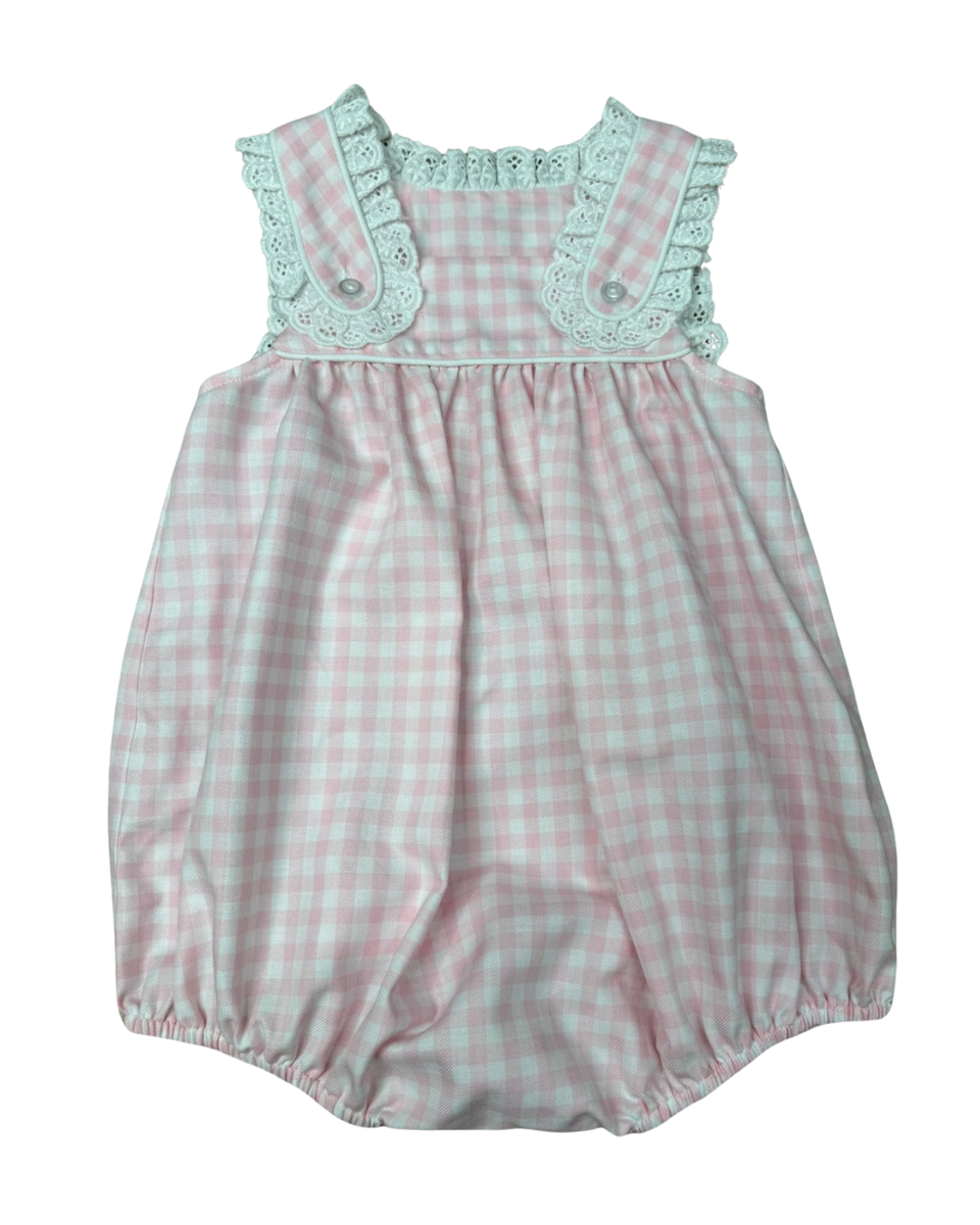 Pink checkered baby romper with lace eyelet details on sleeve