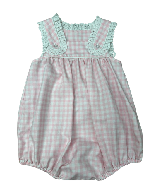 Pink checkered baby romper with lace eyelet details on sleeve