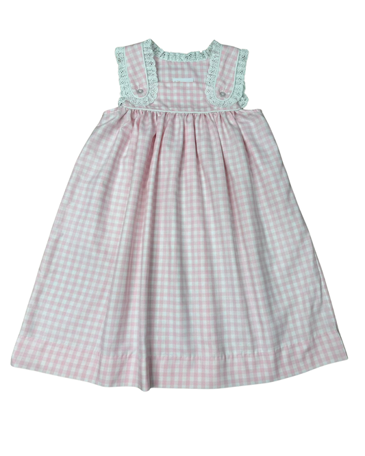 Pink and white checkered dress with lace eyelet trim straps 