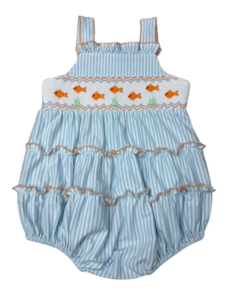Blue striped ruffled bubble with embroidered goldfish on smocked bodice.