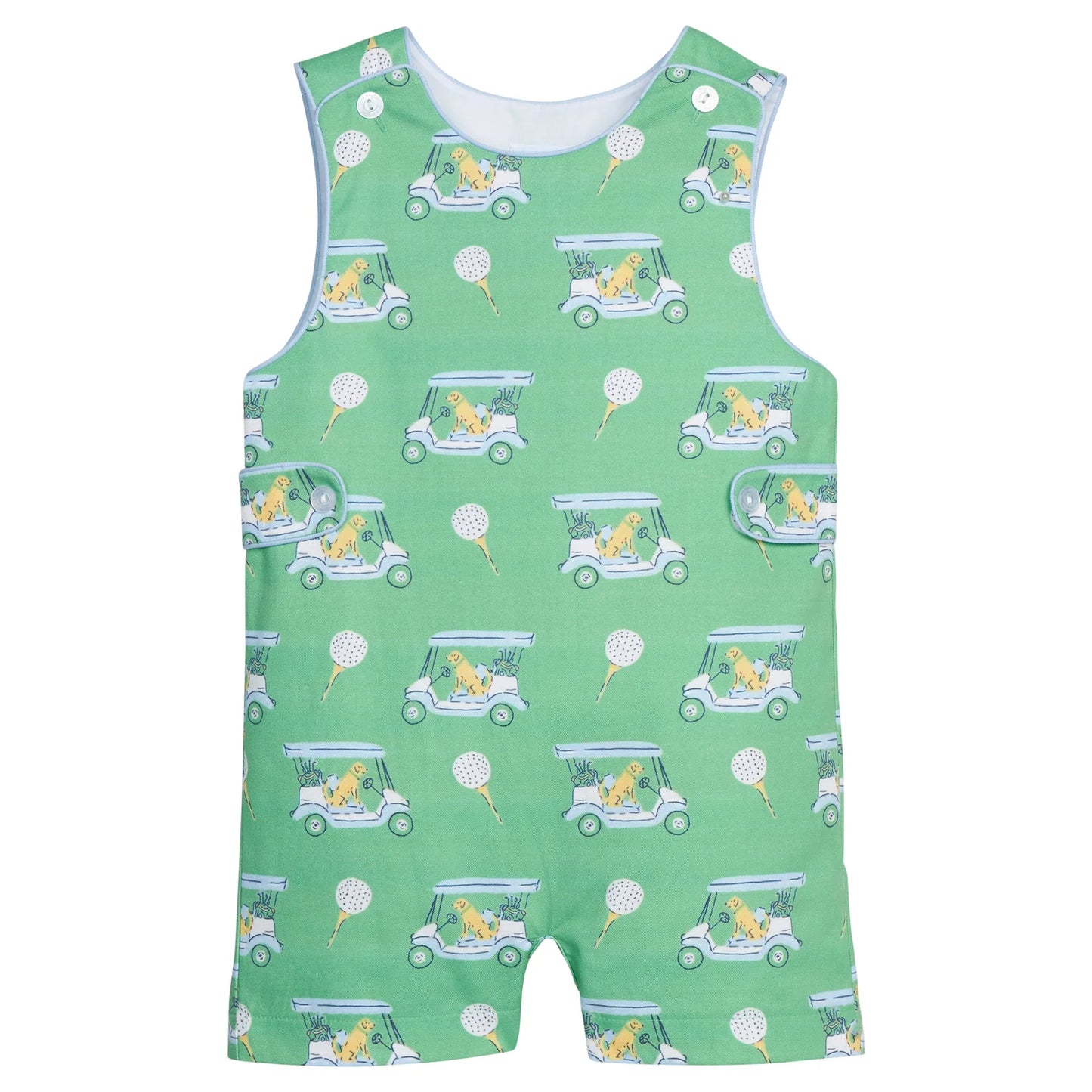 Green sleeveless romper with golf cart and dog golf club pattern 