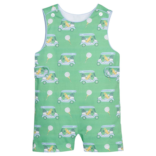 Green sleeveless romper with golf cart and dog golf club pattern 